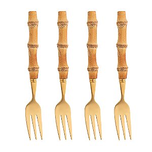 CONJUNTO 4 GARFOS DE BOLO DE AÇO INOX COM CABO DE BAMBU TULUM DOURADO 16CM - WOLFF