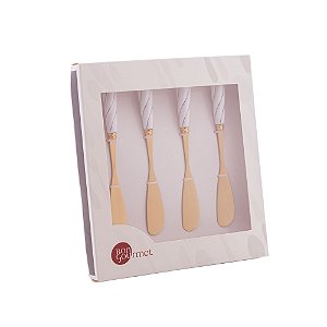 CONJUNTO 4 ESPÁTULAS DE AÇO INOX DOURADO COM CABO DE CERÂMICA BRANCO - WOLFF
