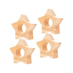 CONJUNTO 4 ANÉIS PARA GUARDANAPOS ESTRELA DE MADEIRA PINUS 7,5CM X 7,5CM X 2,4CM - WOODART