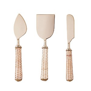 CONJUNTO 3 PEÇAS PARA QUEIJO DE AÇO INOX COM CABO DE RATTAN DOURADO - WOLFF