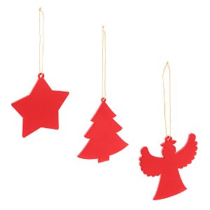 CONJUNTO 3 ENFEITES DE MADEIRA PARA ÁRVORE DE NATAL VERMELHO 8CM - WOODART