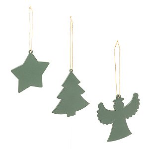 CONJUNTO 3 ENFEITES DE MADEIRA PARA ÁRVORE DE NATAL VERDE 8CM - WOODART