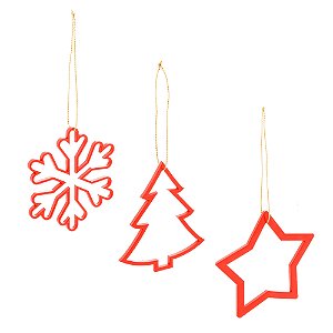 CONJUNTO 3 ENFEITES DE MADEIRA PARA ÁRVORE DE NATAL VAZADO VERMELHO 8CM - WOODART