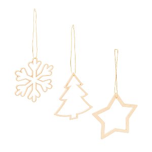 CONJUNTO 3 ENFEITES DE MADEIRA PARA ÁRVORE DE NATAL VAZADO DOURADO 8CM - WOODART