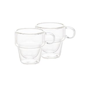 CONJUNTO 2 XÍCARAS PARA CAFÉ EMPILHÁVEIS DUPLA PAREDE DE VIDRO BOROSSILICATO RESISTENTE A CALOR 90ML