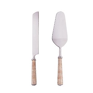 CONJUNTO 2 PEÇAS PARA BOLO DE AÇO INOX COM CABO DE RATTAN PRATA - WOLFF