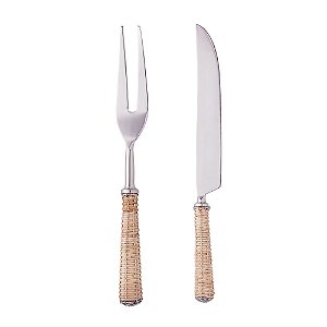 CONJUNTO 2 PEÇAS FACA E GARFO PARA ASSADO DE AÇO INOX COM CABO DE RATTAN PRATA - WOLFF