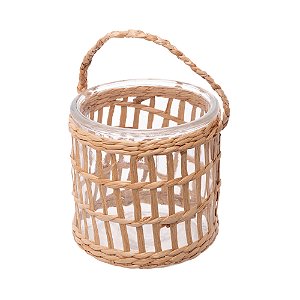 CASTIÇAL DE VIDRO E FIBRA NATURAL 12,5CM X 12CM - WOLFF