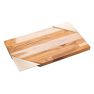 TÁBUA PARA SERVIR DE MADEIRA COM ALÇA DE AÇO INOX TECA CHAMPANHE 40CM X 23CM X 2CM - WOLFF CRAFT