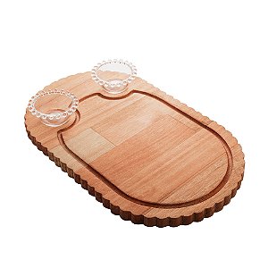 TÁBUA DE MADEIRA COM 2 BOWLS EM CRISTAL LIPTUS 42CM X 25CM X 4CM - WOODART