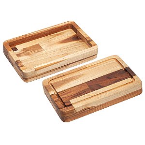 TÁBUA COM FUNÇÃO DE BANDEJA DE MADEIRA TECA BARBECUE 45CM X 30CM X 4CM - WOLFF CRAFT