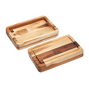 TÁBUA COM FUNÇÃO DE BANDEJA DE MADEIRA TECA BARBECUE 35CM X 23CM X 4CM - WOLFF CRAFT