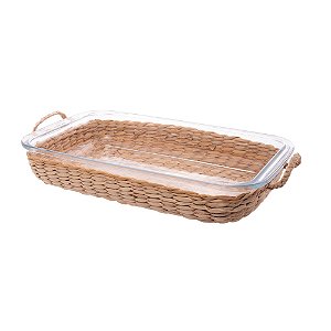 REFRATÁRIO DE VIDRO BOROSSILICATO RESISTENTE AO CALOR COM SUPORTE EM FIBRA NATURAL E ALÇA 34,5CM