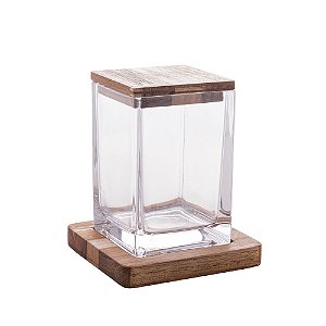 POTE MULTIUSO DE CRISTAL COM SUPORTE E TAMPA EM MADEIRA TECA 11,5CM X 14,5CM - WOLFF CRAFT
