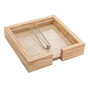 PORTA GUARDANAPO DE MADEIRA COM FUNDO SISAL E ARAMADO COM CLIPE PINUS 21CM X 21CM X 4CM - WOODART