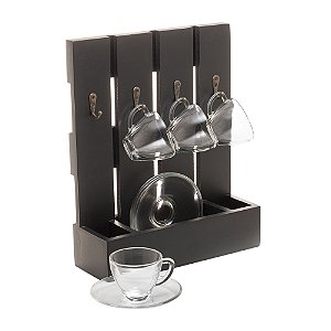 KIT PORTA XÍCARAS DE CAFÉ COM 4 XÍCARAS/PIRES TRANSPARENTE 80ML - WOODART