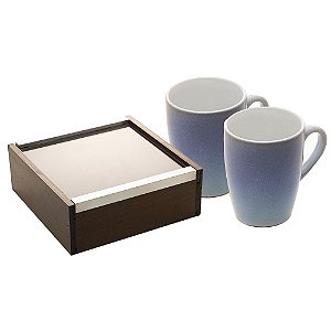 KIT CAIXA DE MADEIRA COM 4 DIVISÓRIAS E CONJUNTO 2 CANECAS AZUIS - WOODART