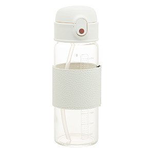 GARRAFA DE VIDRO BOROSSILICATO COM CINTA EM COURO E CANUDO PURE BRANCA 500ML - WOLFF