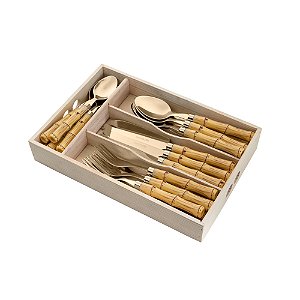 FAQUEIRO 24 PEÇAS DE AÇO INOX COM CABO DE PLÁSTICO BAMBU DOURADO - BON GOURMET