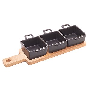 CONJUNTO BANDEJA DE BAMBU COM 3 PETISQUEIRAS QUADRADAS DE PORCELANA PRETA 28,5CM X 10CM X 5CM -WOLFF