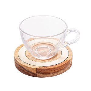 CONJUNTO 6 XÍCARAS DE CRISTAL DE CHÁ COM PIRES DE MADEIRA E AÇO INOX TECA CHAMPANHE 190ML - WOLFF