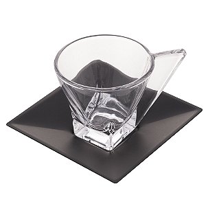 CONJUNTO 6 XÍCARAS DE CHÁ DE VIDRO COM PIRES DE AÇO INOX VENEZA PRETO FOSCO 150ML - WOLFF