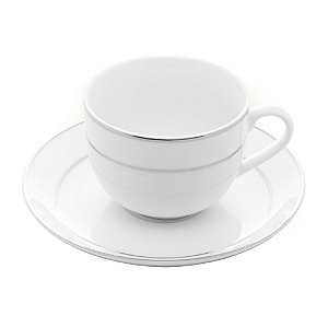 CONJUNTO 6 XÍCARAS DE CHÁ DE PORCELANA COM PIRES E BORDA PRATEADA MÔNACO BRANCO 220ML - WOLFF