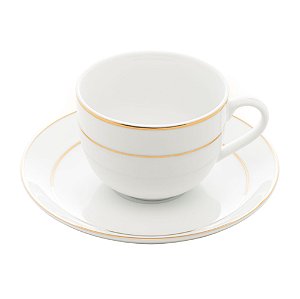 CONJUNTO 6 XÍCARAS DE CHÁ DE PORCELANA COM PIRES E BORDA DOURADA MÔNACO BRANCO 220ML - WOLFF