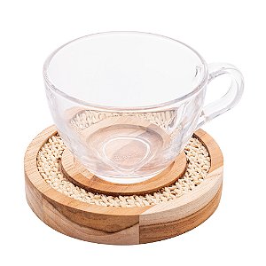 CONJUNTO 6 XÍCARAS DE CHÁ DE CRISTAL COM PIRES DE MADEIRA E SISAL TECA 190ML - WOLFF CRAFT