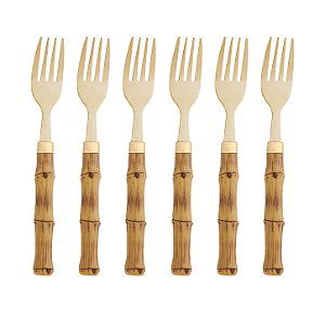 CONJUNTO 6 GARFOS DE SOBREMESA DE AÇO INOX COM CABO EM PLÁSTICO BAMBU DOURADO 19CM - LYOR