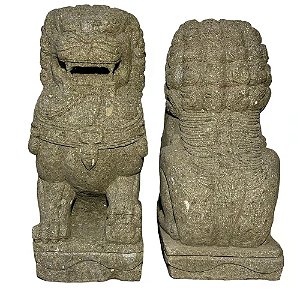 ESCULTURA CAES DE FO PEDRA VULCANICA CONJUNTO COM 2 IMPORTADO INDONESIA A80CM