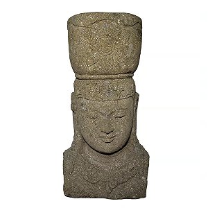 ESCULTURA BUSTO BUDA COM VASO PEDRA VULCANICA IMPORTADO INDONESIA A80CM