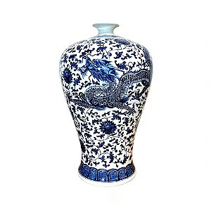 FLOREIRO EM PORCELANA AZUL E BRANCO BOCA ESTREITA DRAGAO 57CM