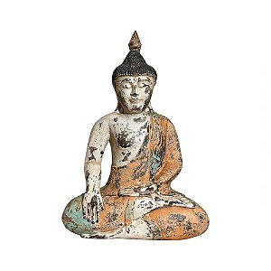 ESCULTURA IMPORTADA BUDA MADEIRA ANTIGA LARANJA L34XA50CM