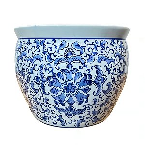 CACHEPOT EM PORCELANA AZUL E BRANCO D41XA33CM