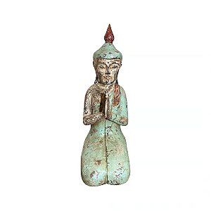 ESCULTURA IMPORTADA BUDA ORACAO EM MADEIRA NATURAL E VERDE A50CM