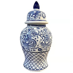 POTE EM PORCELANA AZUL E BRANCO FLORIDO COM TAMPA D25XA45CM