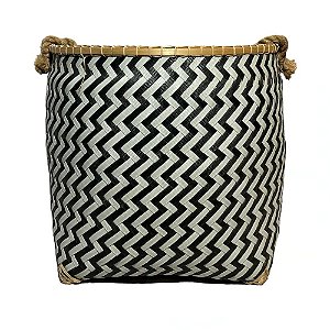 CESTO FIBRA SINTETICA BALI REDONDO BRANCO E PRETO CHEVRON D42XA48CM