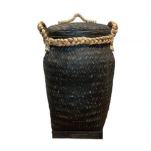 CESTA DECORATIVA BAMBU PRETO COM CORDA COM TAMPA