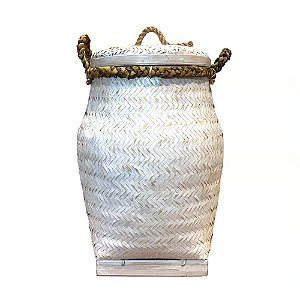 CESTA DECORATIVA BAMBU BRANCO COM CORDA COM TAMPA