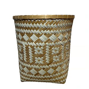 CESTO FIBRA SINTETICA BALI REDONDO BRANCO E NATURAL TRAMA D33XA35CM