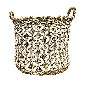 CESTA DECORATIVA RATTAN BALI REDONDO BRANCO E NATURAL COM CORDA
