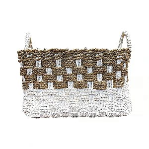 CESTA DECORATIVA RATTAN BALI RETANGULAR BRANCO E NATURAL