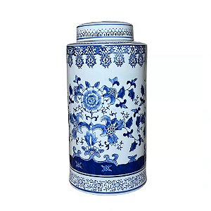 POTICHE CILINDRICO PORCELANA AZUL E BRANCA JARDIM IMPERIAL D19XA40CM