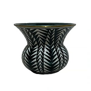 CACHEPOT PORCELANA AZUL PETROLEO E BRANCO GOLDEN LEAVES D18XA14CM