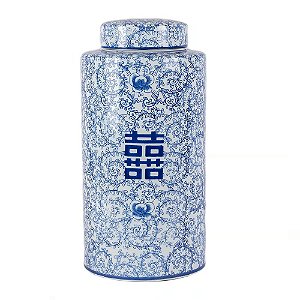 POTE EM PORCELANA AZUL E BRANCO IDEOGRAMA FLORIDO COM TAMPA D20XA40CM