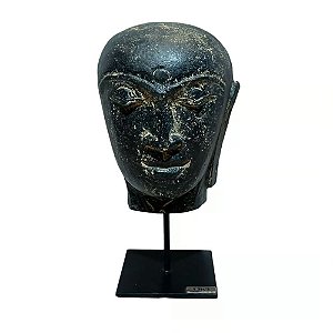 ESCULTURA IMPORTADA CABECA DE BUDA DECORATIVA EM PEDRA NATURAL NEGRA A20CM