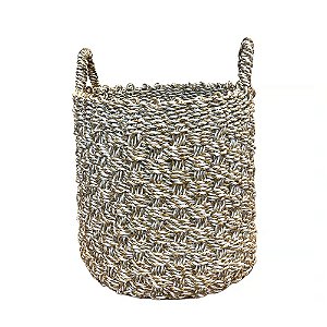 CESTA DECORATIVA RATTAN BALI REDONDO BRANCO E NATURAL