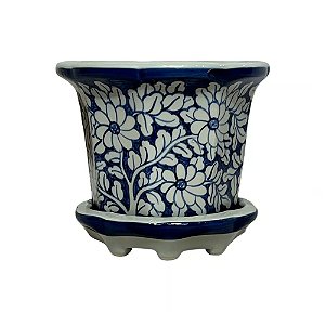 CACHEPOT PORCELANA AZUL E BRANCA FLORES DO JARDIM D21XA18CM