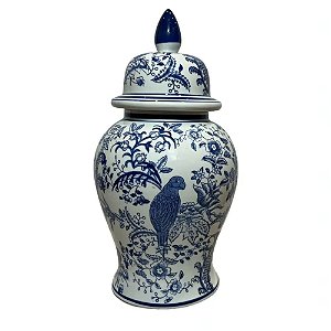 POTE EM PORCELANA AZUL E BRANCO PASSARO COM TAMPA D21XA43CM